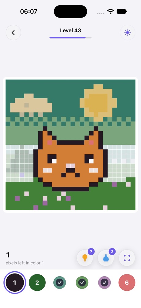 Pixel Calm coloring screen: a ginger cat picture half colored, numbered palette at the bottom
